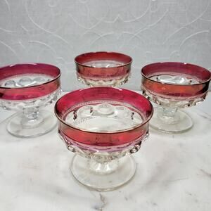VTG Indiana Glass Kings Crown Sorbet Glass Red Rim Clear Stem Pressed Thumbprint